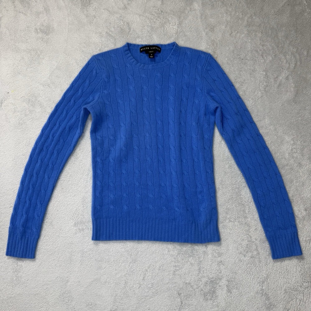 Ralph Lauren Black Label Womens M Blue Cashmere Cable Knit Slim Fit Sweater